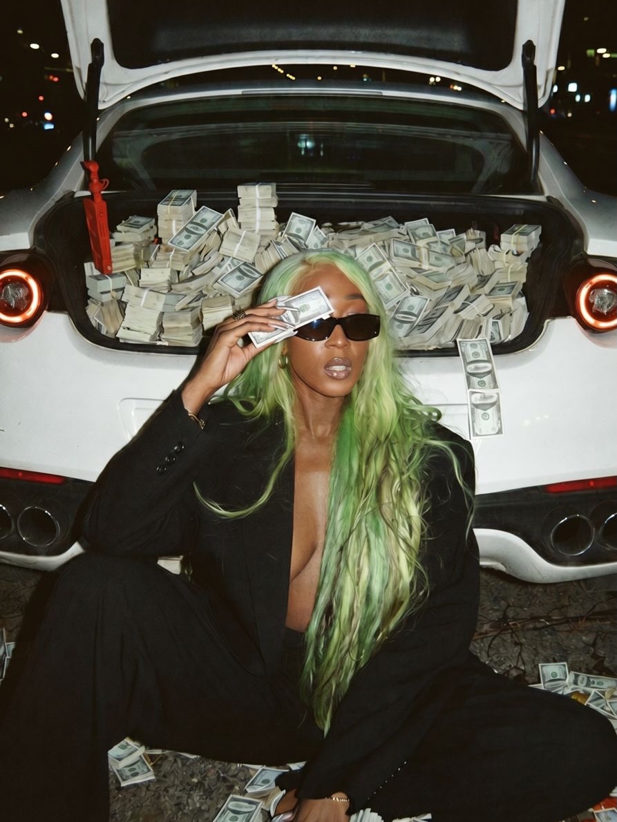 Aïshé devant un coffre de voiture rempli de billets